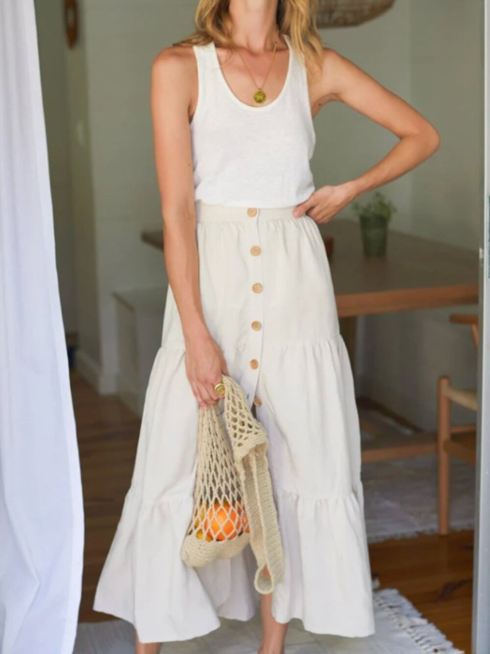 Lake Button Front Skirt - Almond Linen XS